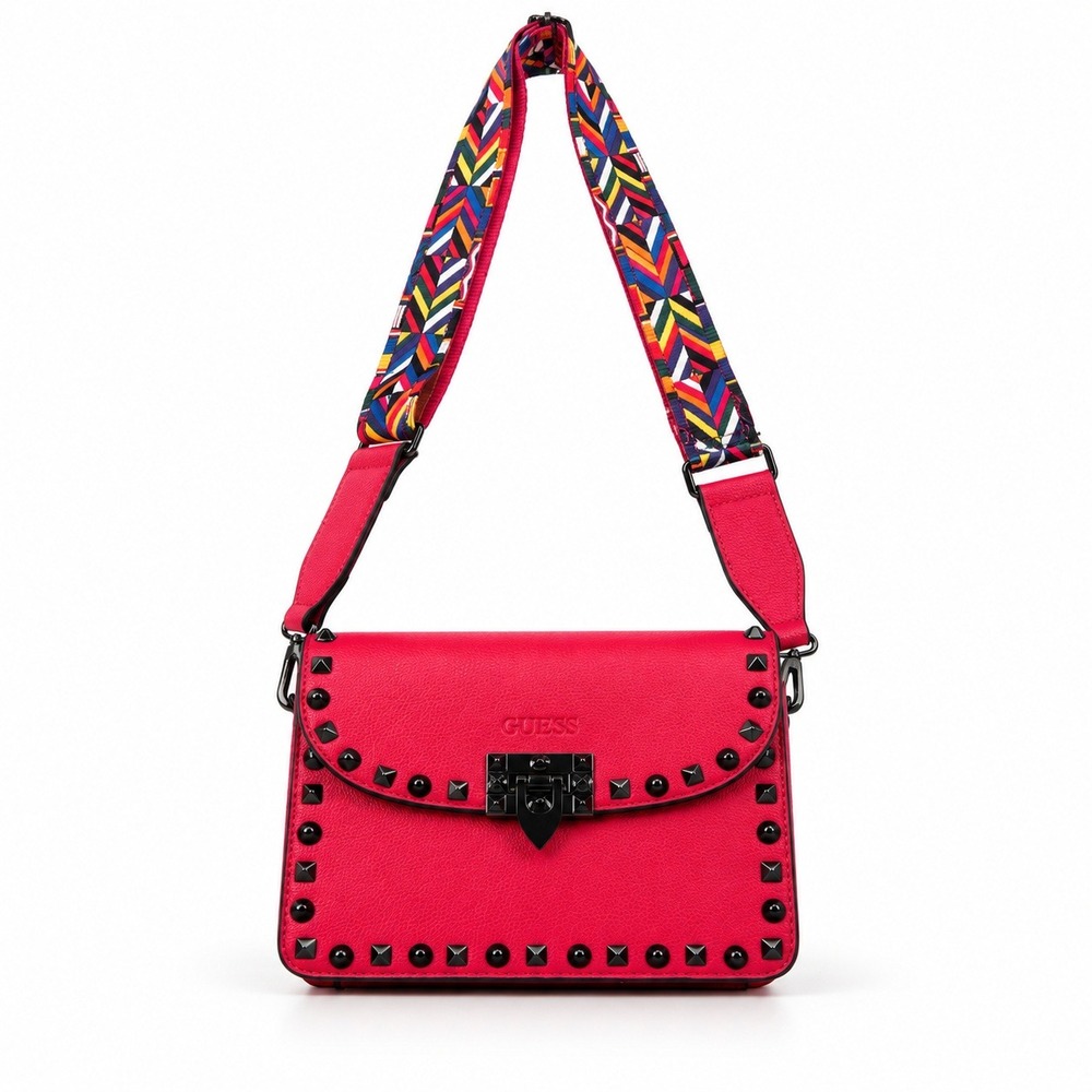 MERSI Crossbody Womens Small Red Studded Vegan Leather Guitar Strap Bag NEW